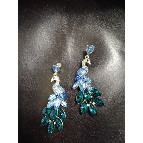 Iced Gold Peacock Dangle Earrings Blue Green Rhinestones - Picture 4 of 6